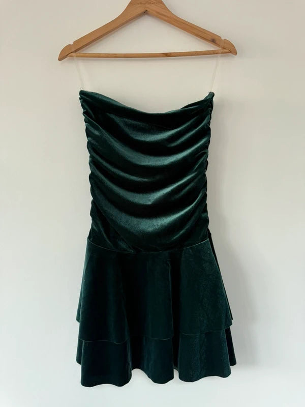 Apricot Green Velvet Ruched Strapless Dress, preloved