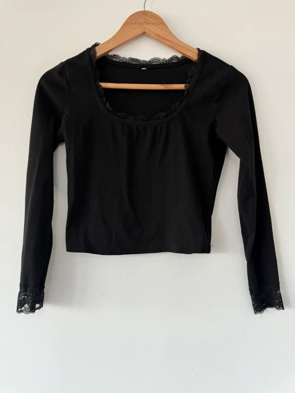 Black Long Sleeve T Shirt with Lace Detail, preloved