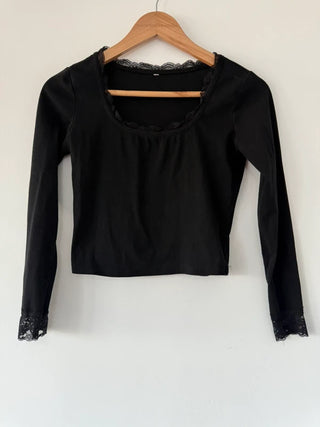 Black Long Sleeve T Shirt with Lace Detail, preloved