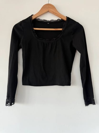 Black Long Sleeve T Shirt with Lace Detail, preloved