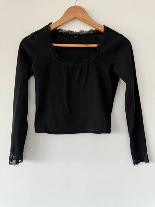 Black Long Sleeve T Shirt with Lace Detail, preloved