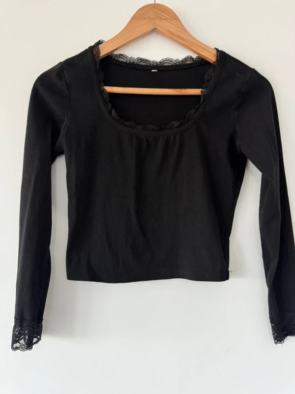 Black Long Sleeve T Shirt with Lace Detail, photo 2 of 3
