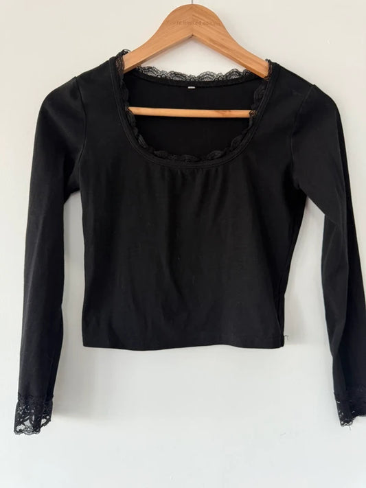 Black Long Sleeve T Shirt with Lace Detail, photo 2 of 3