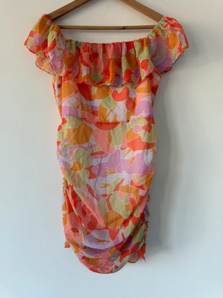 In the style colourful ruched orange dress, preloved