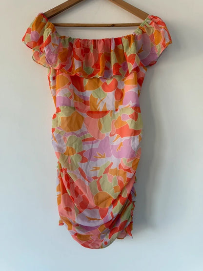 In the style colourful ruched orange dress, preloved