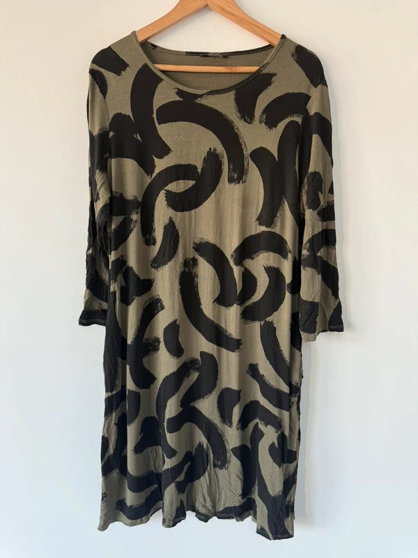 Roman khaki green and black print t shirt dress, preloved