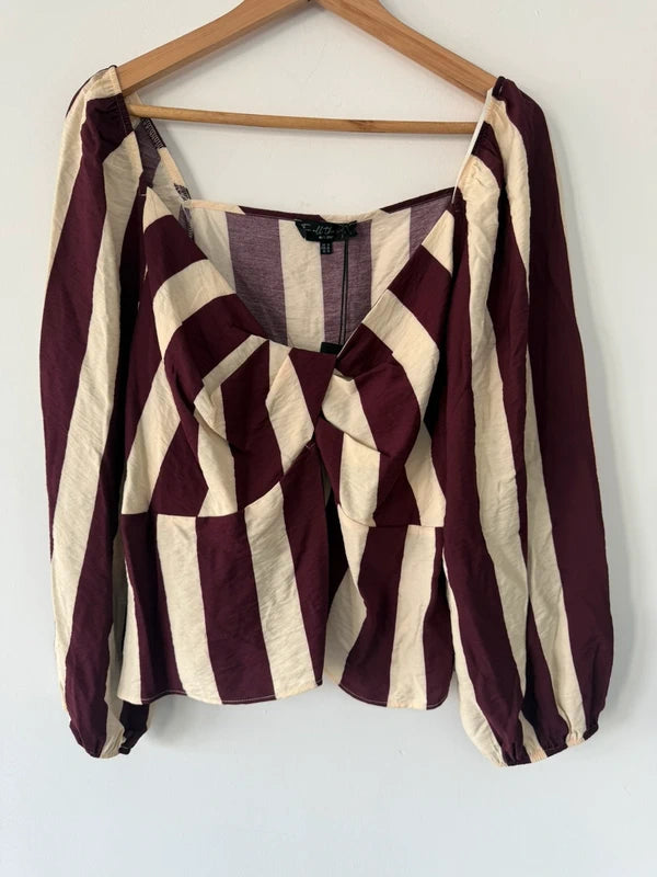 For all the love burgundy and cream striped top, preloved