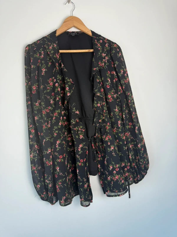 In the style black floral print cardigan/blouse, preloved