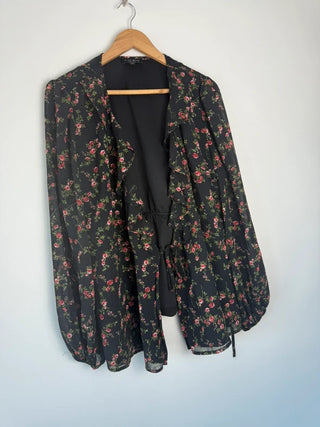 In the style black floral print cardigan/blouse, preloved