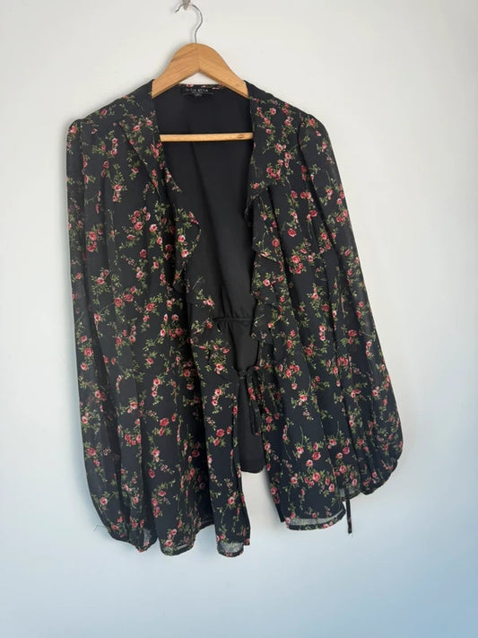 In the style black floral print cardigan/blouse, preloved
