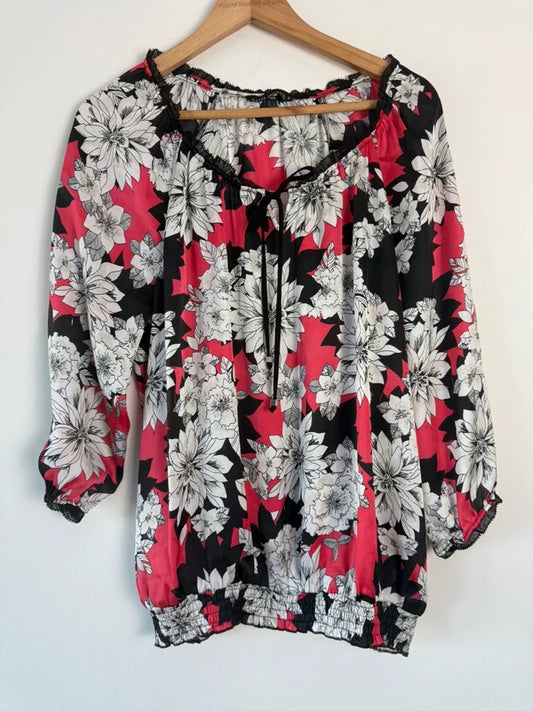 David Emanuel pink black floral blouse, preloved