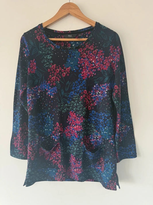 Isle patterned blue pink floral jumper top, preloved