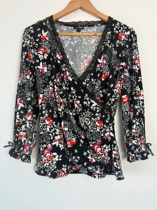Pour moi black floral print Y2K top, preloved