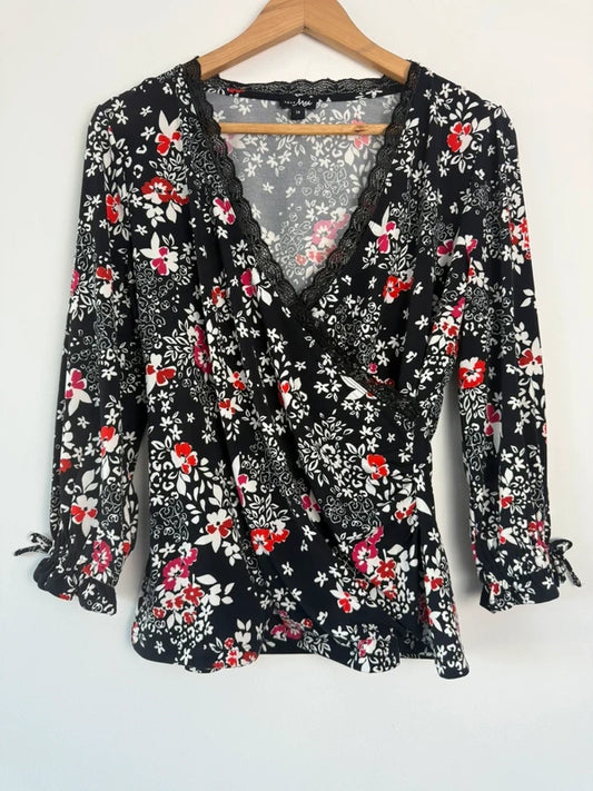 Pour moi black floral print Y2K top, preloved