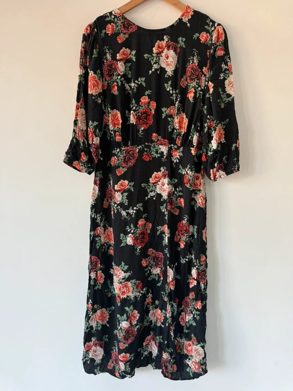 New look black and red floral midi dress, preloved