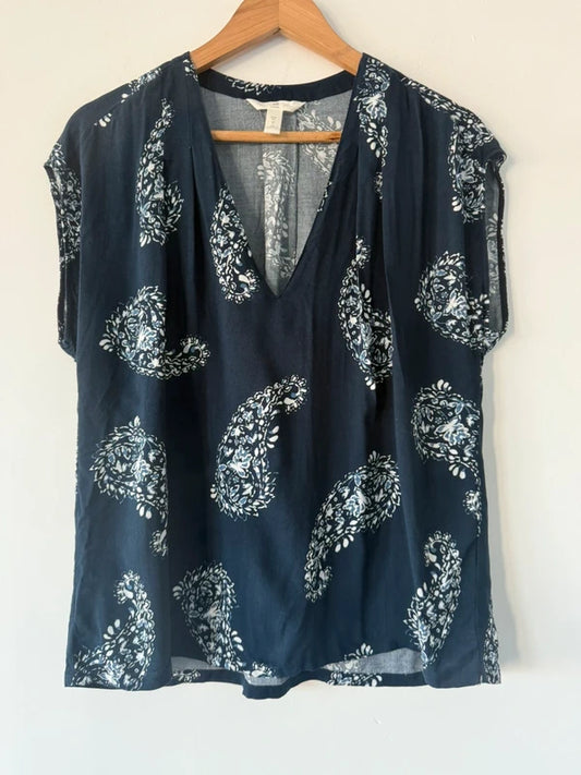 H&M navy blue patterned blouse, preloved