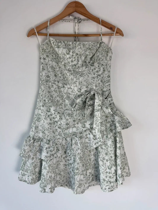 Shein white and green floral patterned dress, preloved